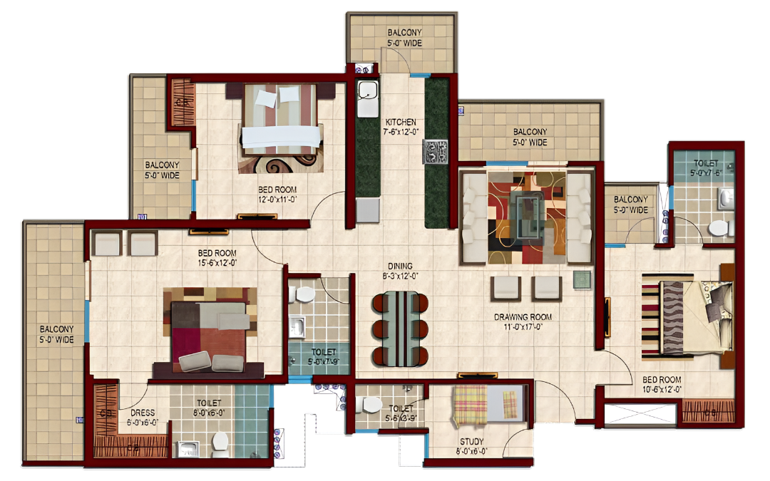 3BHK Apartment + Study