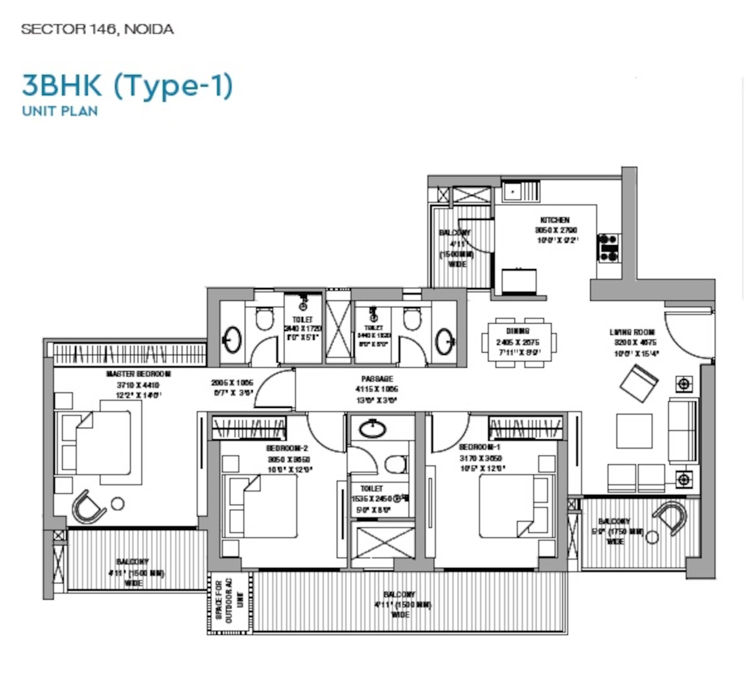 3 BHK Apartment + Servant