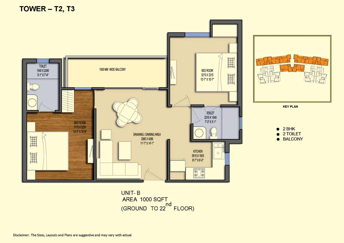 2 BHK Apartment + 2 Toilets