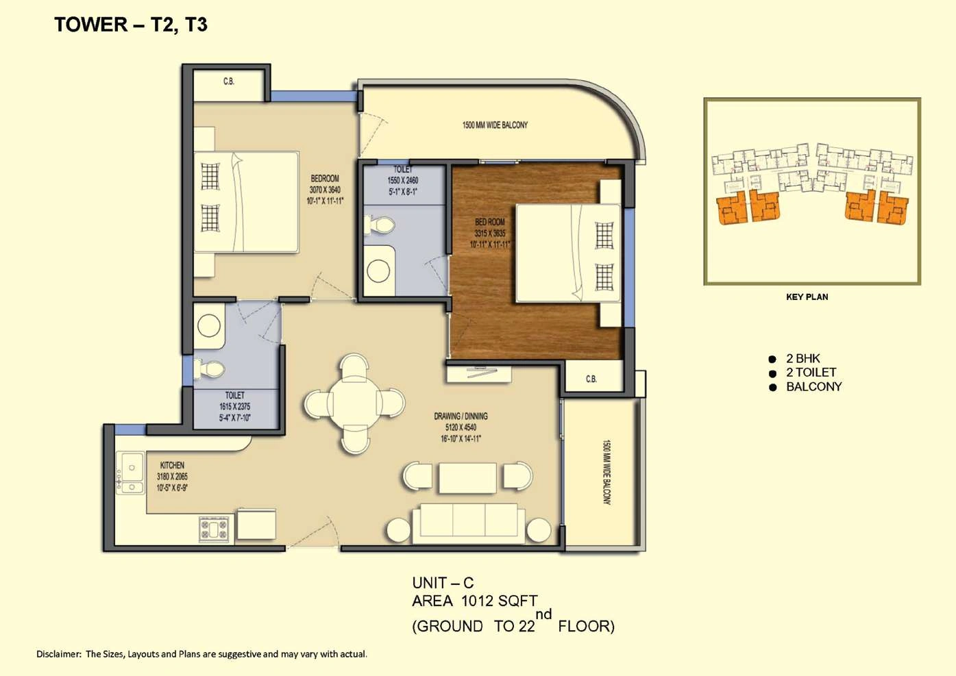 2 BHK Apartment + 2 Toilets