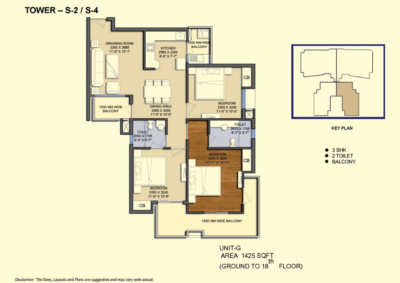3 BHK Apartment + 3 Toilets