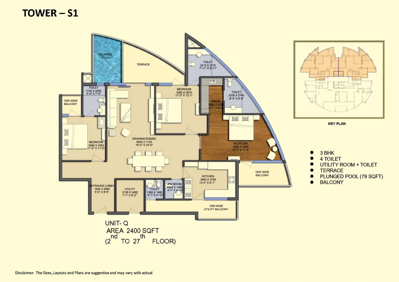 3 BHK Apartment + 4 Toilets